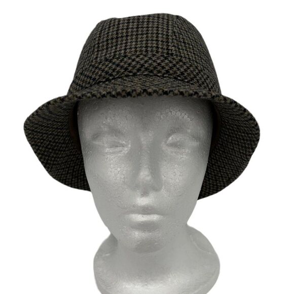 Vintage Exclusivity Benet Made in Italy Tan & Blue Houndstooth Wool Bucket Hat